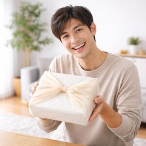 花菱のギフトを貰い嬉しそうな男性