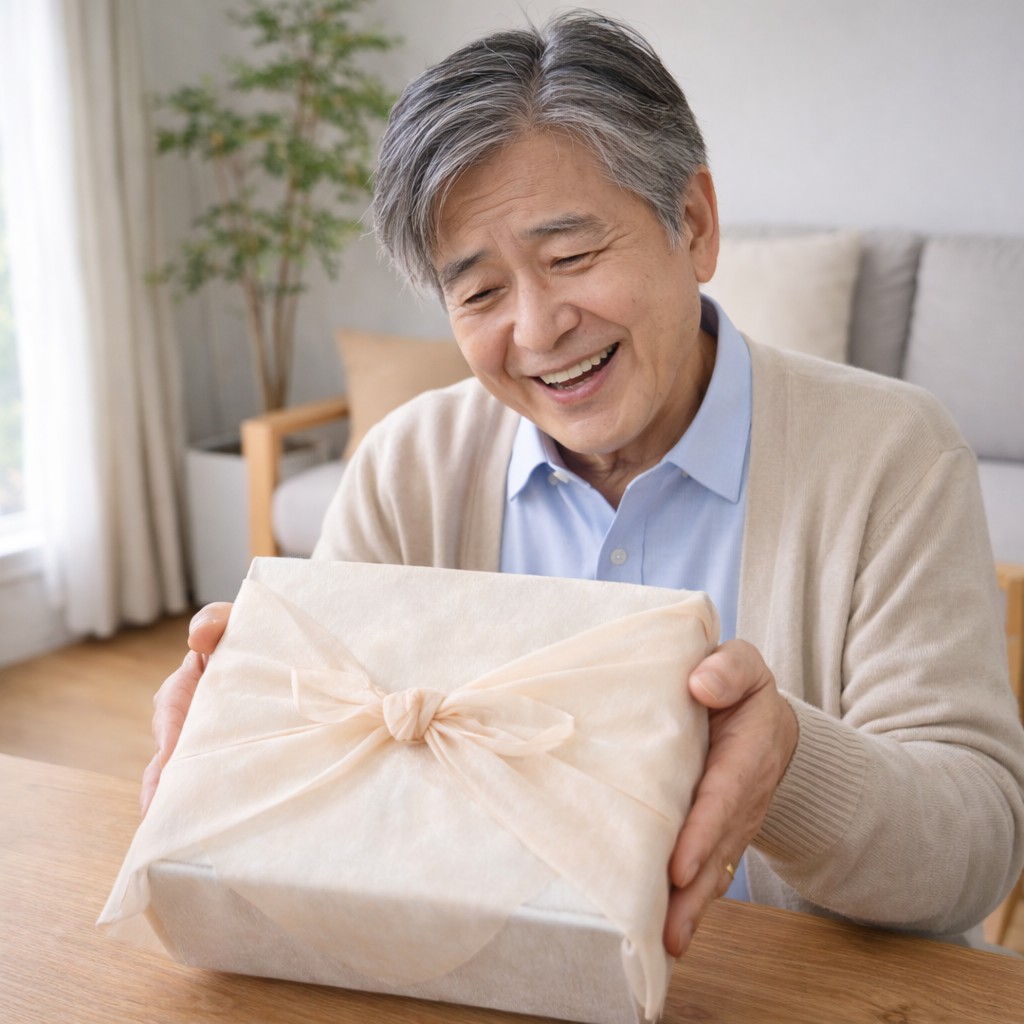 ギフトを貰って喜ぶ70代の父