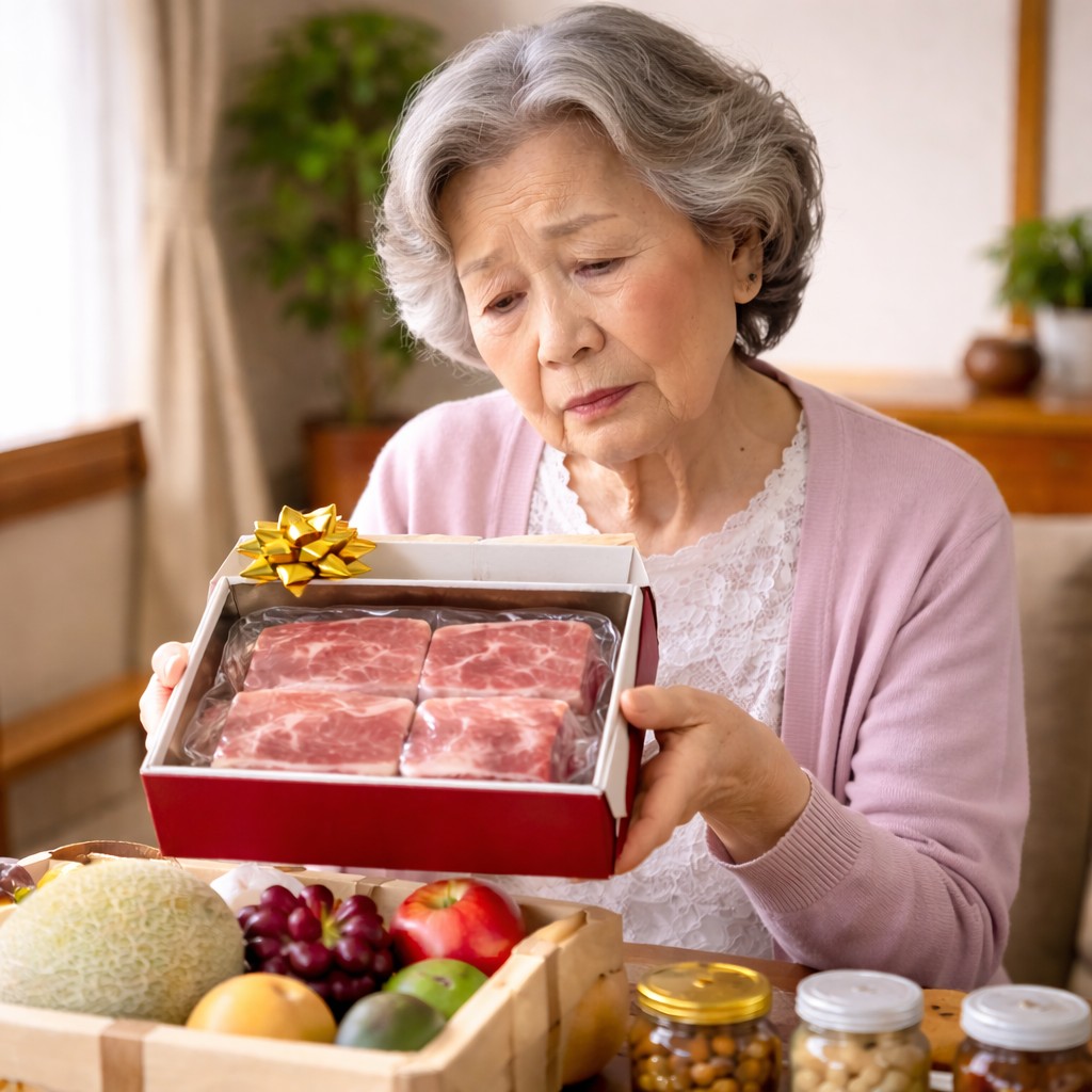 食べ物ギフトを貰って困っている女性