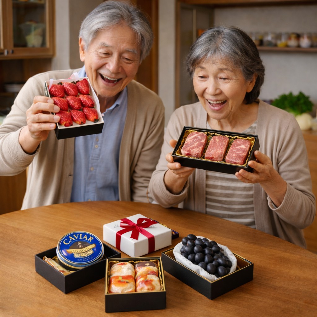 食べ物の仕送りを貰って喜ぶ高齢夫婦