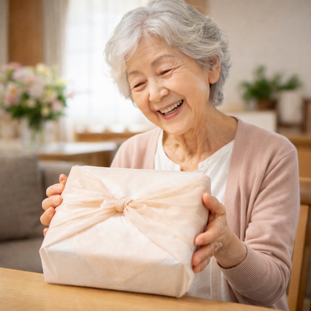食べ物ギフトを貰って喜んでいる80代母