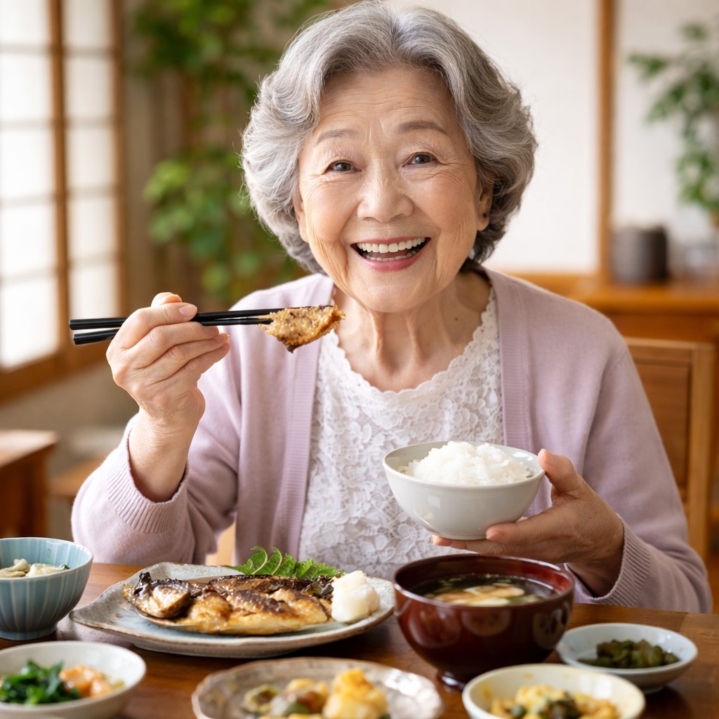 やわらかい食事を食べる高齢の女性